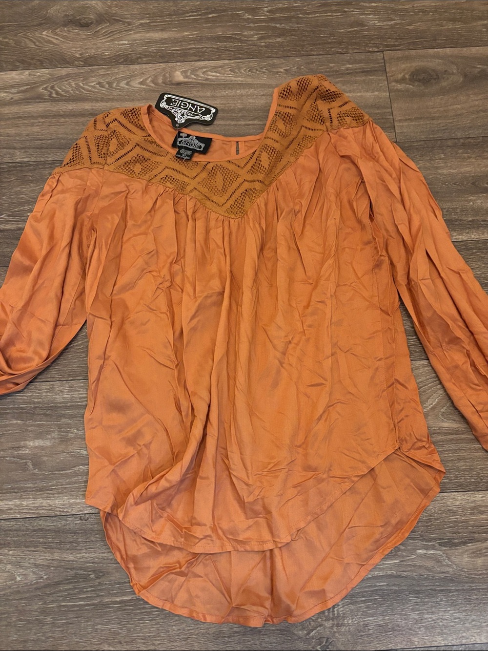 Angie Boho Burnt Orange Crochet Yoke Tunic Top